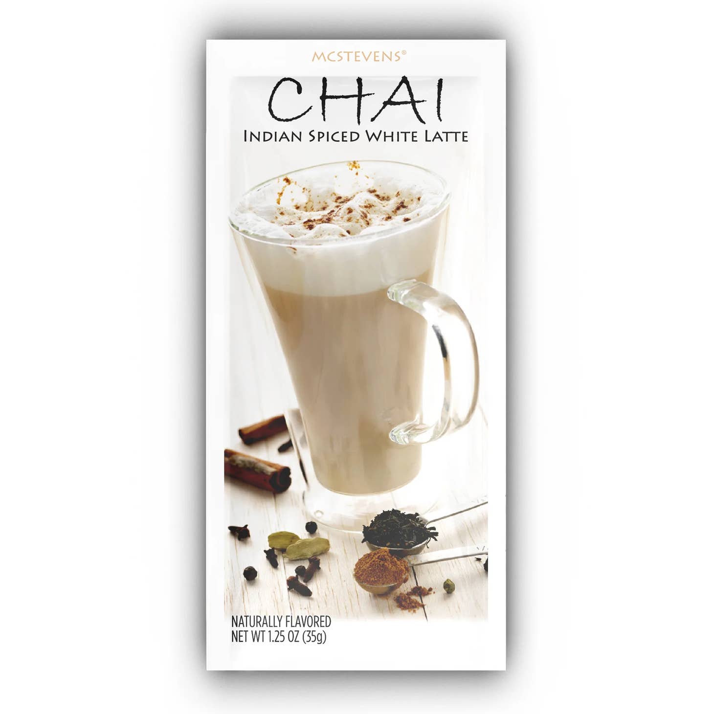 a packet of chai indian spiced white latte with the image of a cup of chai surrounded by spices printed on it.