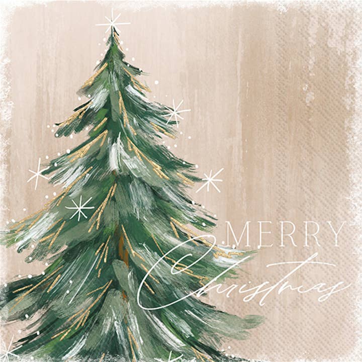 paper napkin printed with image of evergreen tree and 'merry christmas'
