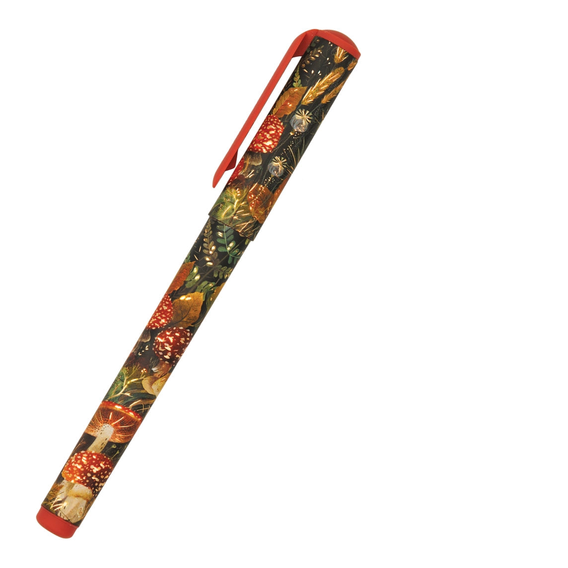 floral and mushroom patterned pen shown on a white background