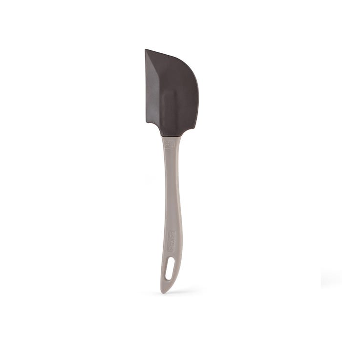 silicone spatula with black head and grey handle.