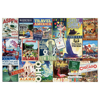 rectangular finished puzzle of vintage travel posters and ticket designs in many colors, featuring destinations such as Aspen, Washington D.C.
