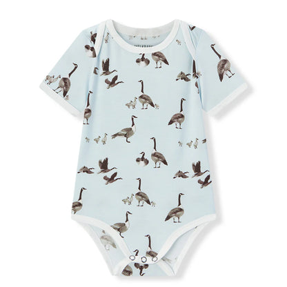 light blue one piece with all-over goose design