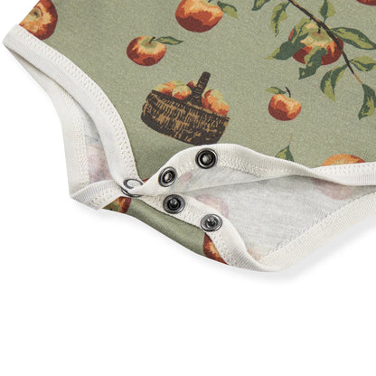 close-up of inner leg snaps un snapped on Apple Orchard one piece