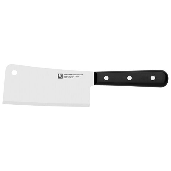 cleaver with black handle and hole in blade on white background