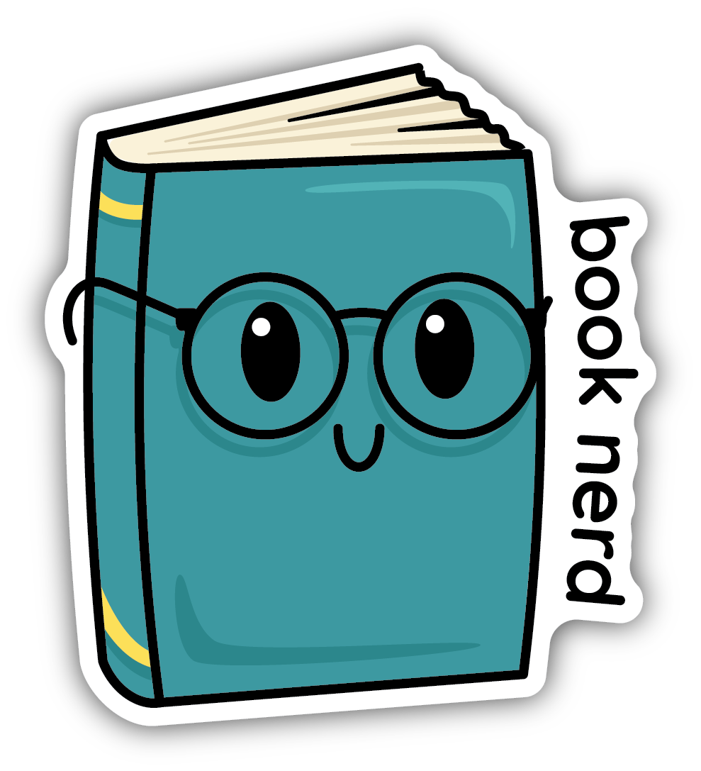 smiling teal book with eyes and glasses with text "book nerd"