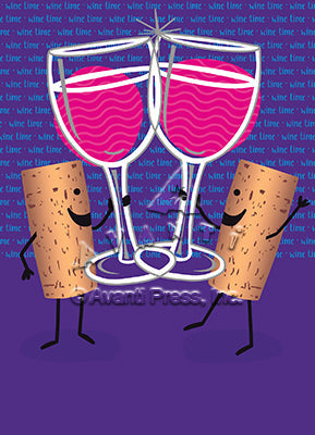 front of card is a drawing of two wine glasses being held by corks clinking them together
