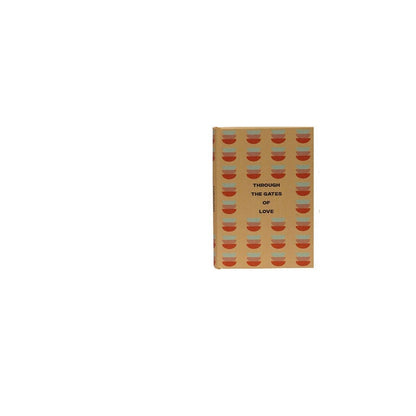 A book titled 'Through the Gates of Love' with a tan cover decorated with a repeating pattern of red semicircles and light blue horizontal stripes.