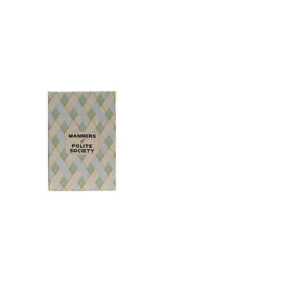 A book titled 'Manners of Polite Society'  featuring a beige cover with a light blue and green geometric diamond pattern.