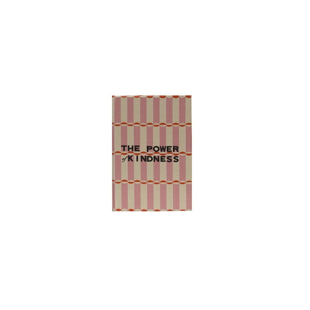 A rectangular book box with a pink and cream striped cover, featuring the text 'THE POWER OF KINDNESS' in black. 