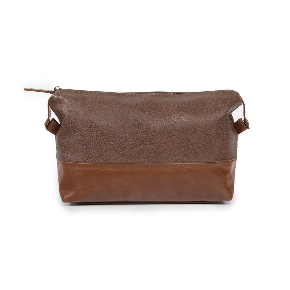 brown zippered toiletry bag.