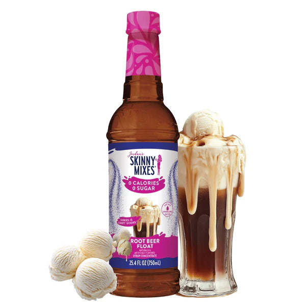 bottle of Root Beer Float Sugar Free Syrup arranged with scoops of ice cream ad a root beer float