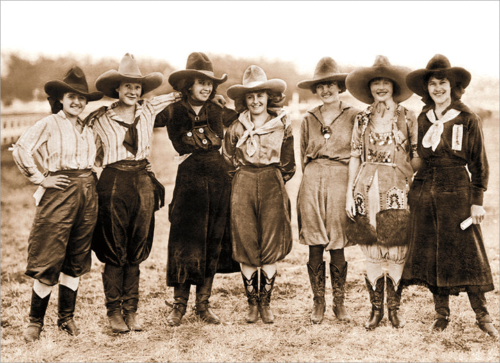 front of card is old black and white photo of women cowgirls lined up