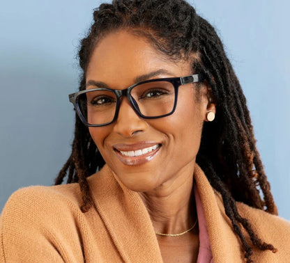 person wearing wilder glasses in navy