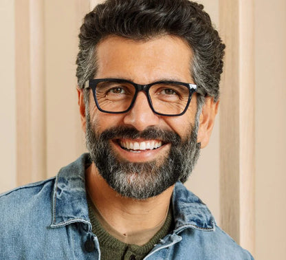 person wearing wilder glasses in navy