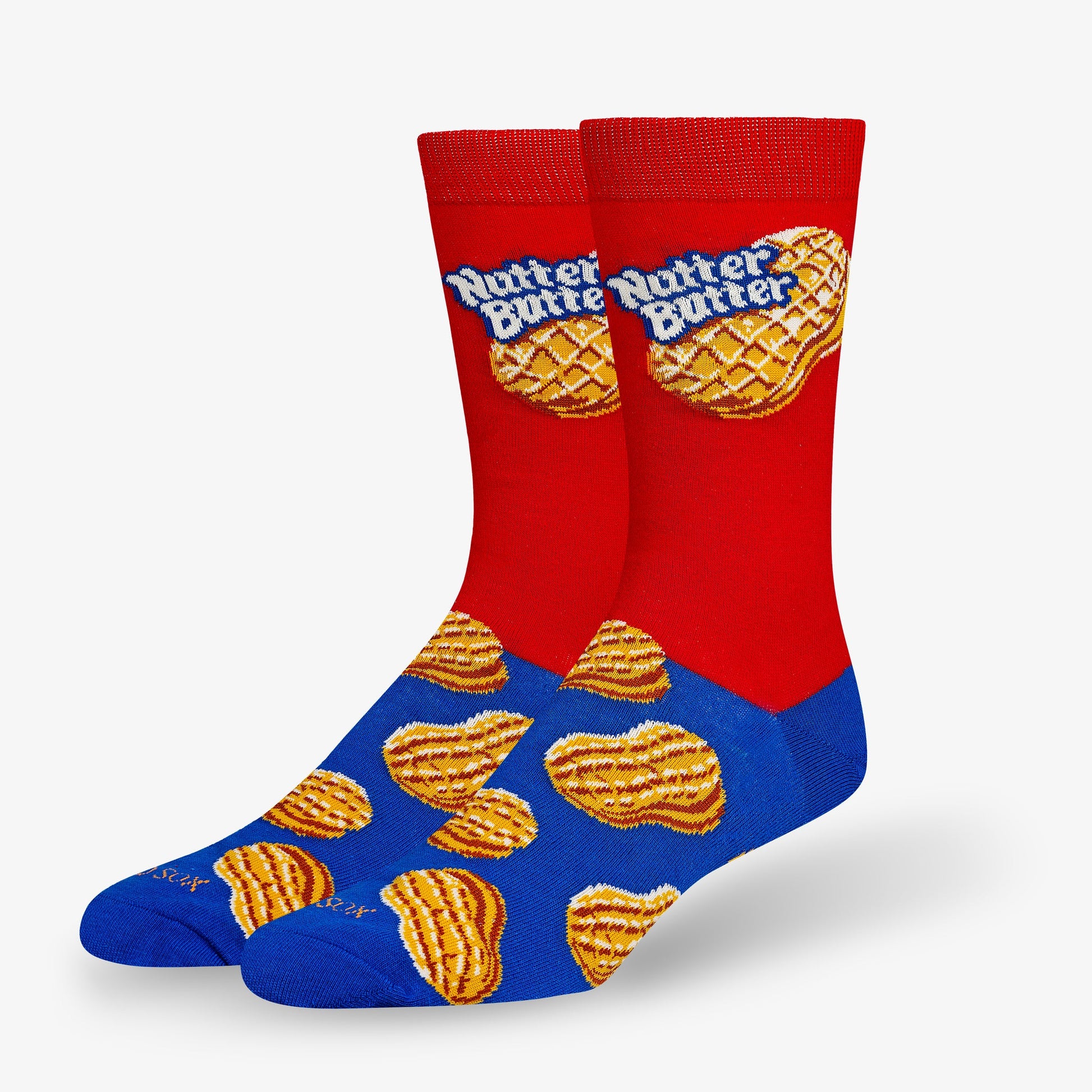 red and blue stock with butter butters and logo on them