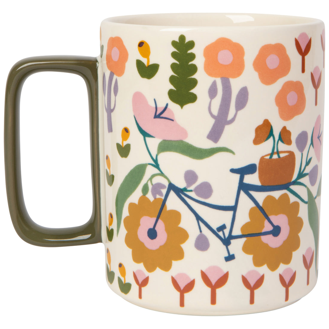 other side of white mug with folksy flowers and bicycle printed on it