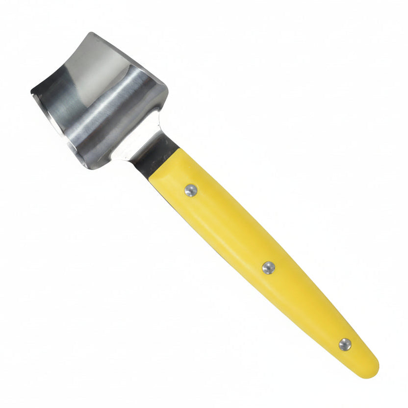 corn butter knife with yellow handle and silver head on a white background