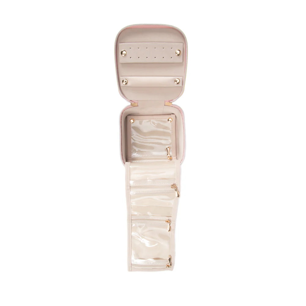 Leah Travel Jewelry Case with Pouch in pale pink unzipped with roll out pockets open