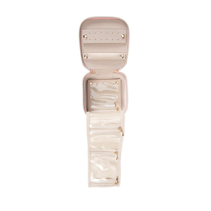 Leah Travel Jewelry Case with Pouch in pale pink unzipped with roll out pockets open