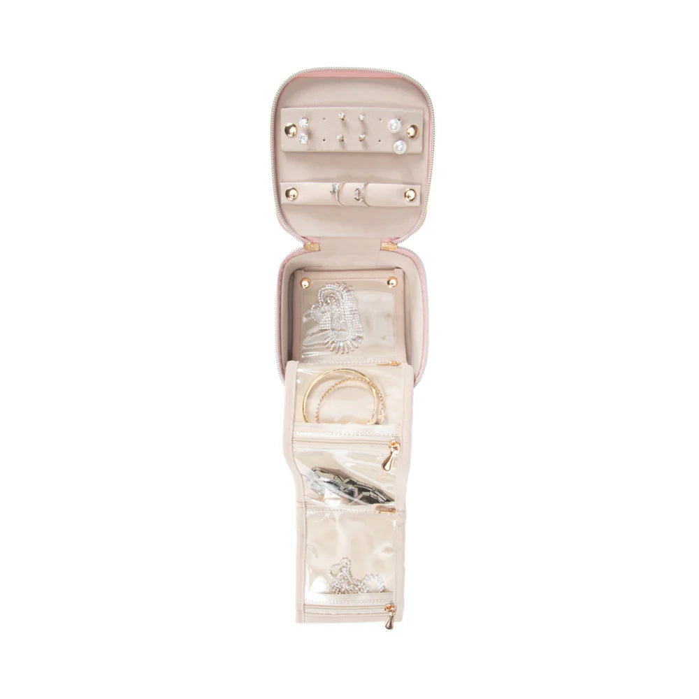 Leah Travel Jewelry Case with Pouch in pale pink unzipped open with jewelry in it