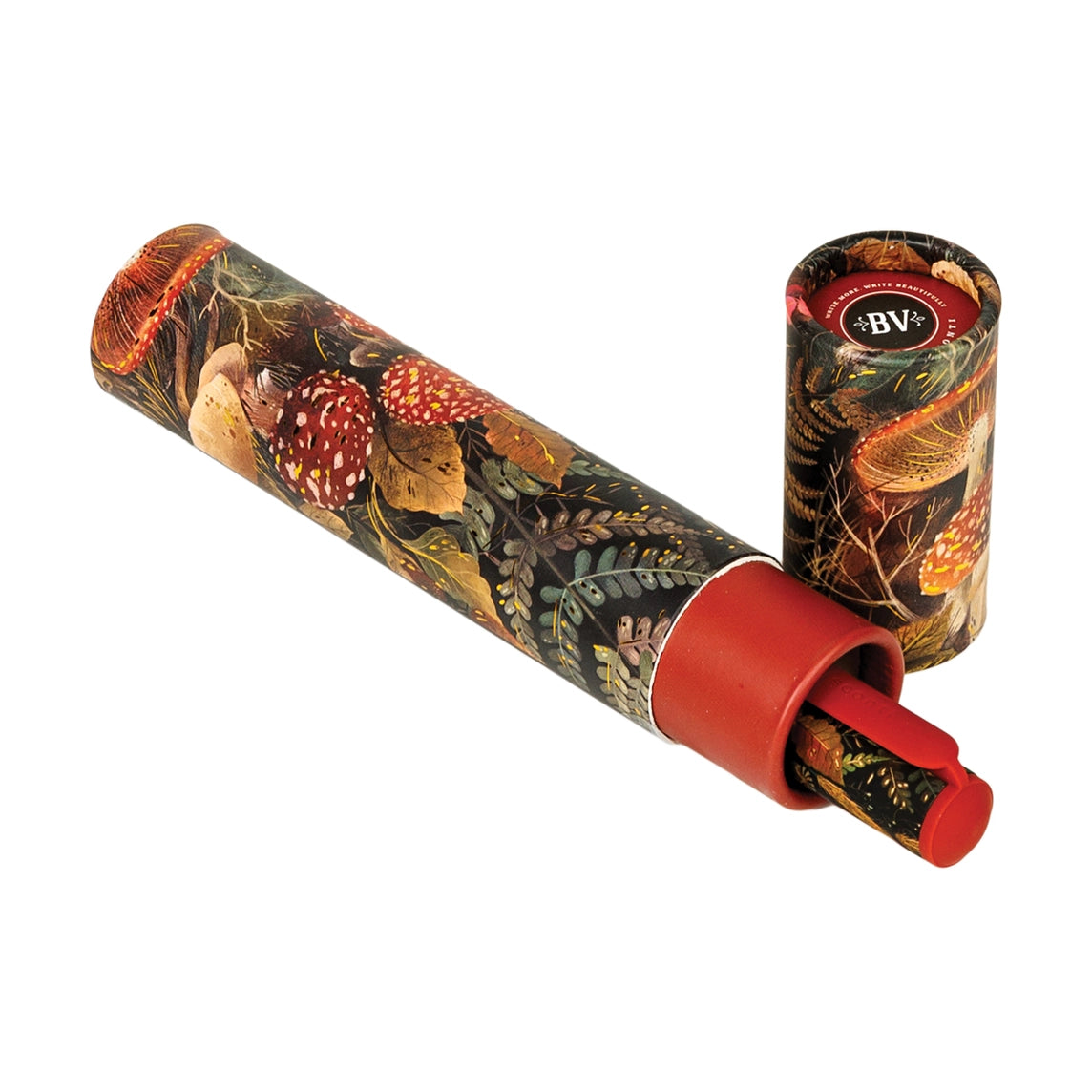 Decorative tube with nature-themed design with a pen in it on a white background