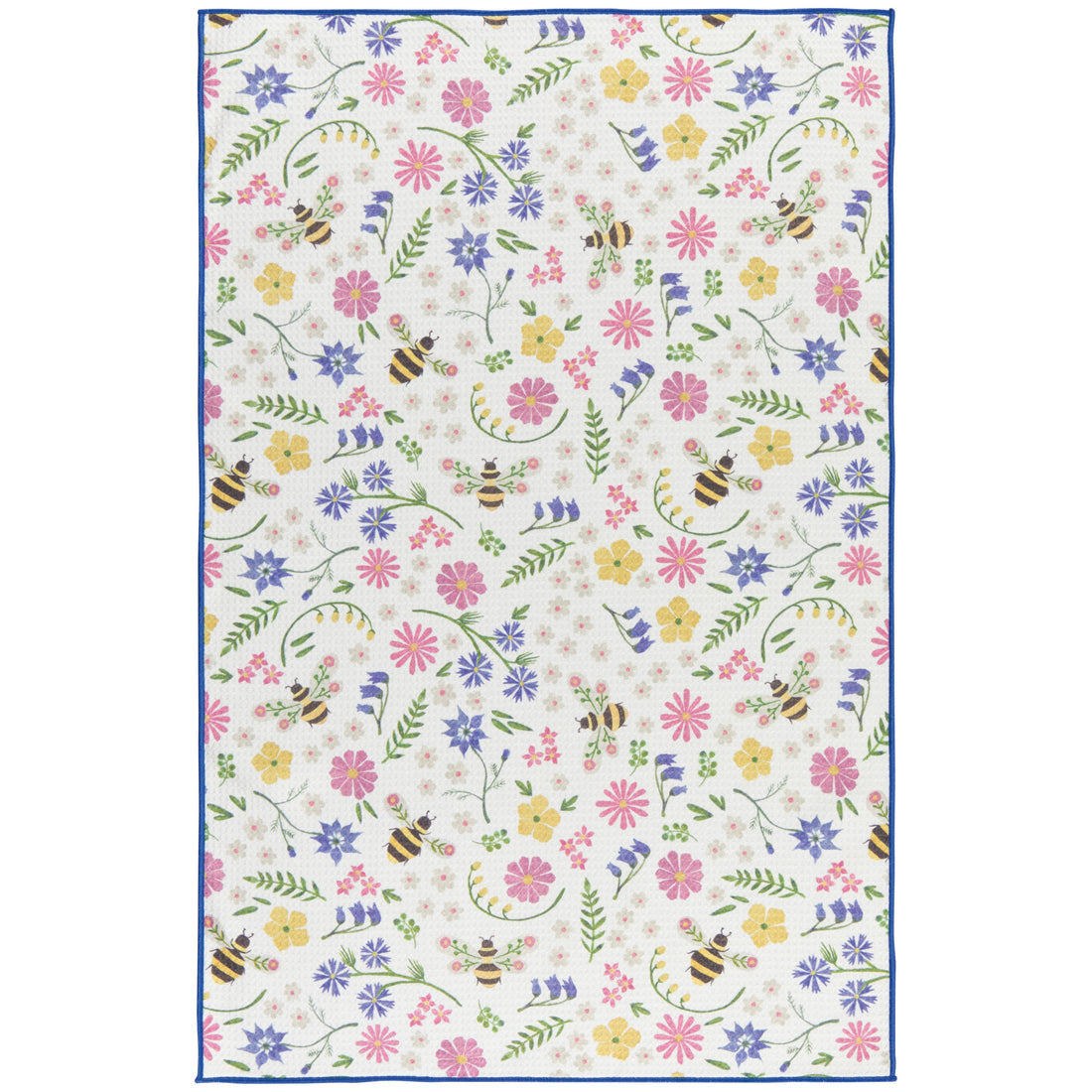 microfiber towel covered in bees and folk style flowers