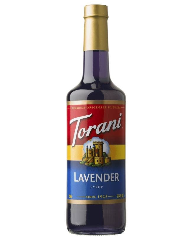 Glass torani lavender syrup bottle