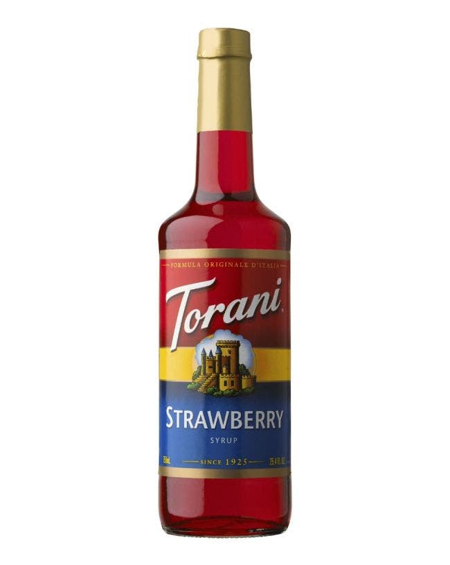 glass bottle of torani strawberry syrup