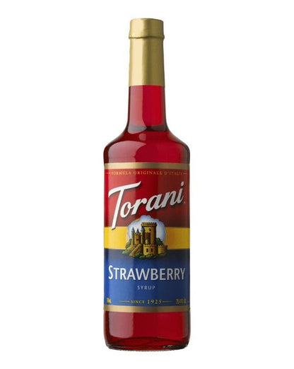 glass bottle of torani strawberry syrup
