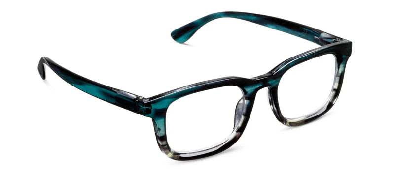 angled view of Otto glasses in color teal ombre horn