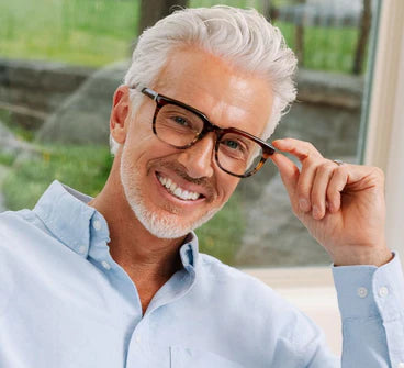 person wearing the crawford glasses in the color brown ombre horn