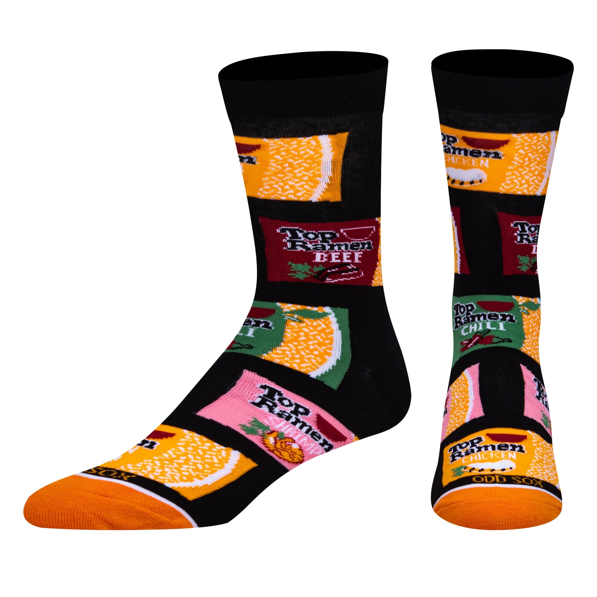 black socks with colorful ramen designs