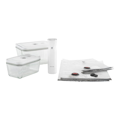 4 sealing bags, two sealing containers and vacuum seal device pictured on white background