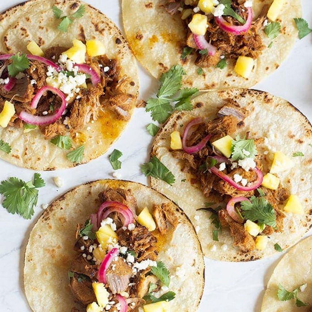 top view of platter of tacos made with Tacos al Pastor Seasoning Mix.