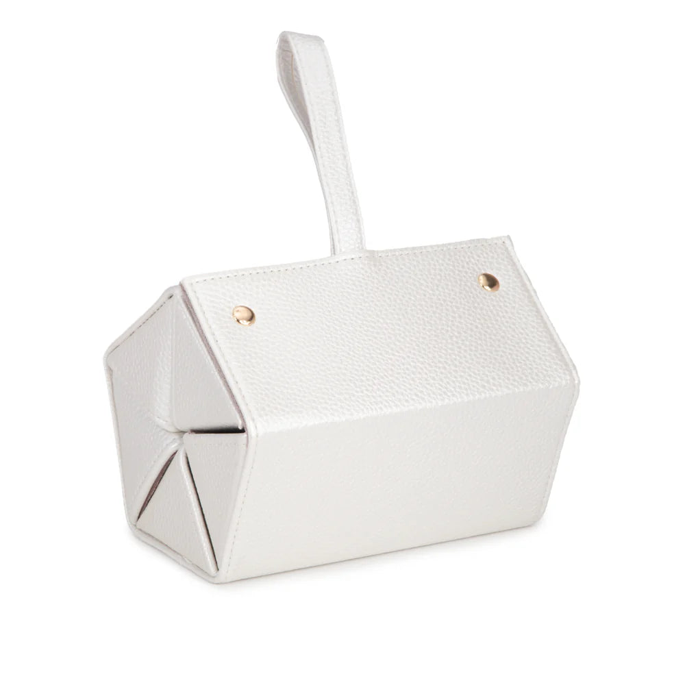 A white, pebbled vegan leather eyewear and jewelry case with a soft velour interior, closed snap closure, and a hanging loop.