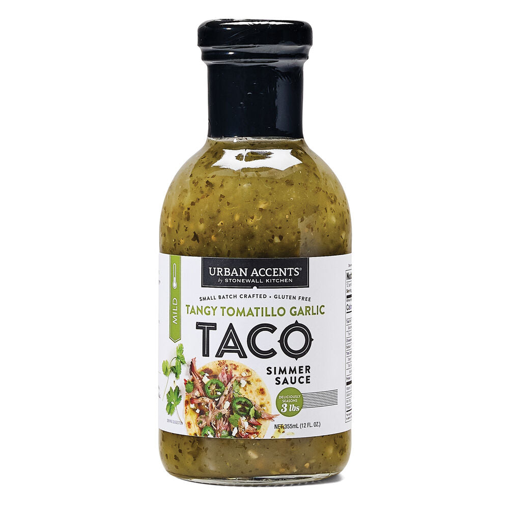 bottle of Tangy Tomatillo Garlic Taco Simmer Sauce on a white background.