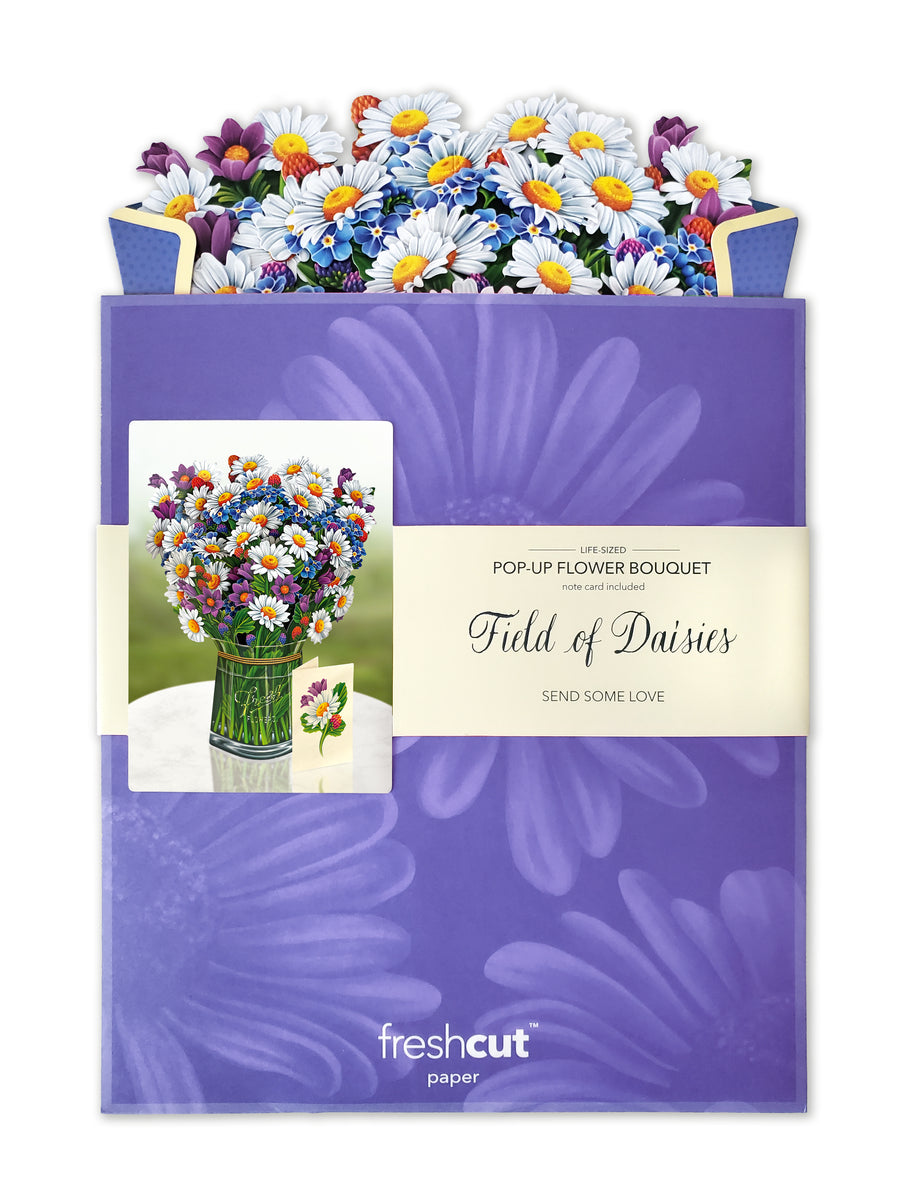 Field of Daisies paper bouquet flattened in its purple mailing envelope.