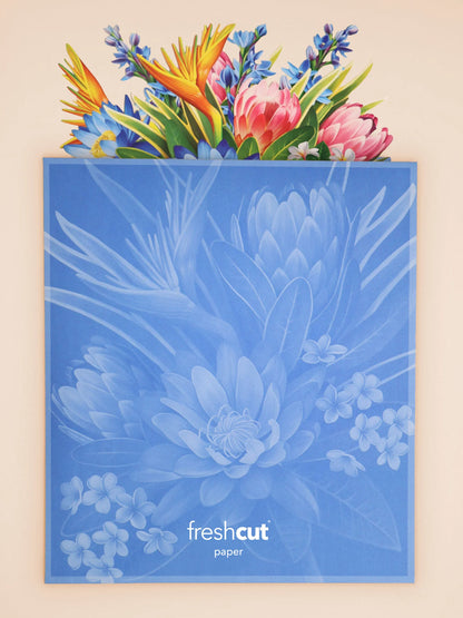 Tropical Paradise Pop-Up Bouquet coming out of its blue envelope