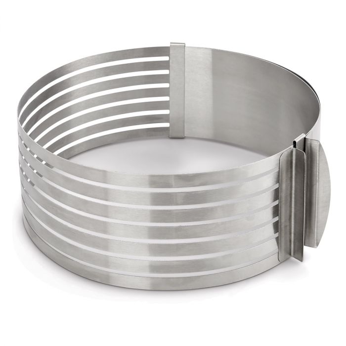 A 7-layer cake slicer leveler made of stainless steel, featuring a series of horizontal bars with a central connecting piece and a handle on the side.