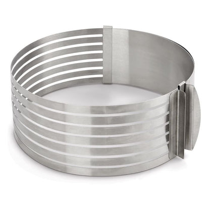 A 7-layer cake slicer leveler made of stainless steel, featuring a series of horizontal bars with a central connecting piece and a handle on the side.