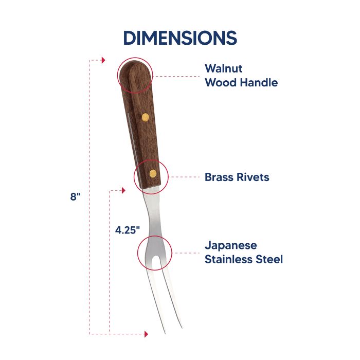 Measurement chart of a granny fork with wooden handle, brass rivets, and Japanese stainless steel blade on a white background.