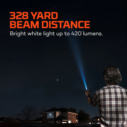 person holding a small flashlight shining it up into the sky