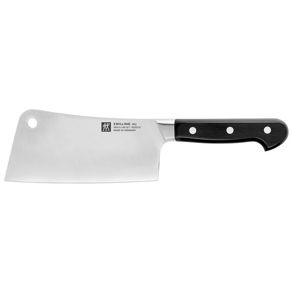 cleaver with black rivet handle and hole in blade on white background