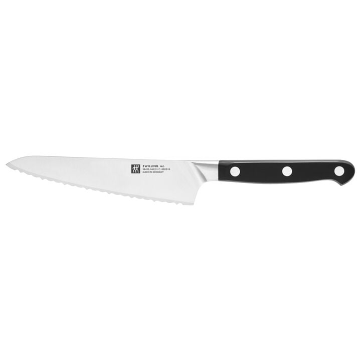 PRO 5.5 Inch Serrated Prep Knife with black riveted handle on a white background.