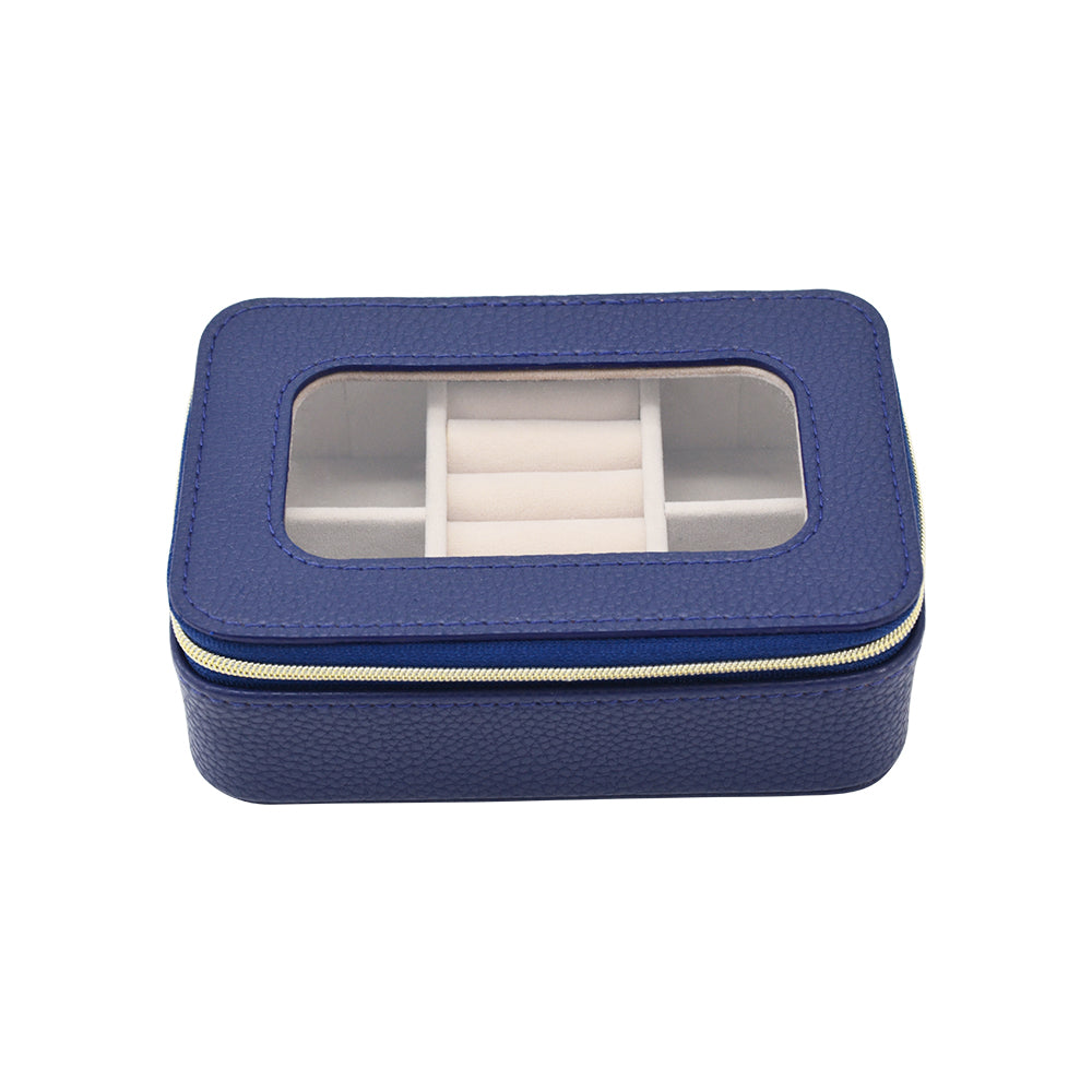 clear top Leah Travel Jewelry Case in navy zipped closed