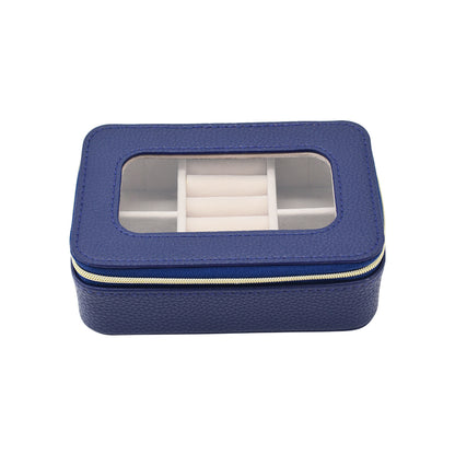 clear top Leah Travel Jewelry Case in navy zipped closed