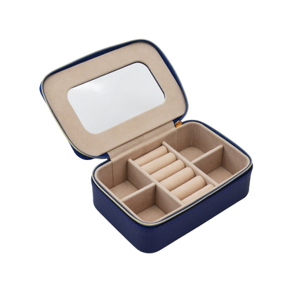 clear top Leah Travel Jewelry Case in navy unzipped showing interior compartments