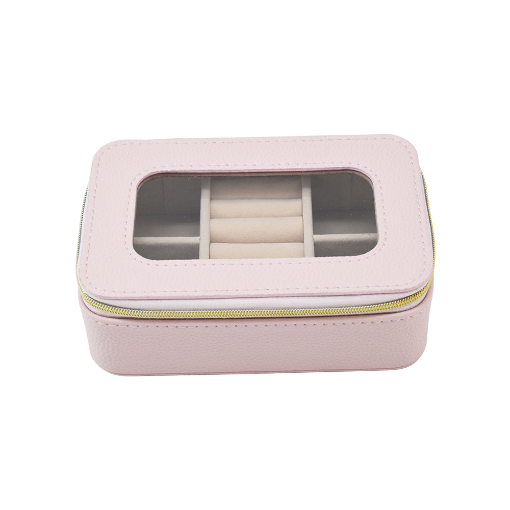 clear top Leah Travel Jewelry Case in pale pink zipped closed
