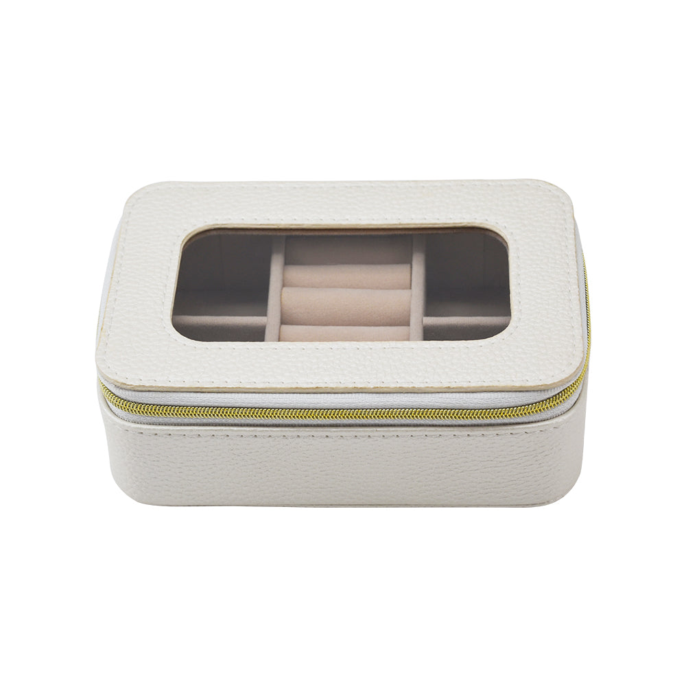 clear top Leah Travel Jewelry Case in pearl white zipped closed