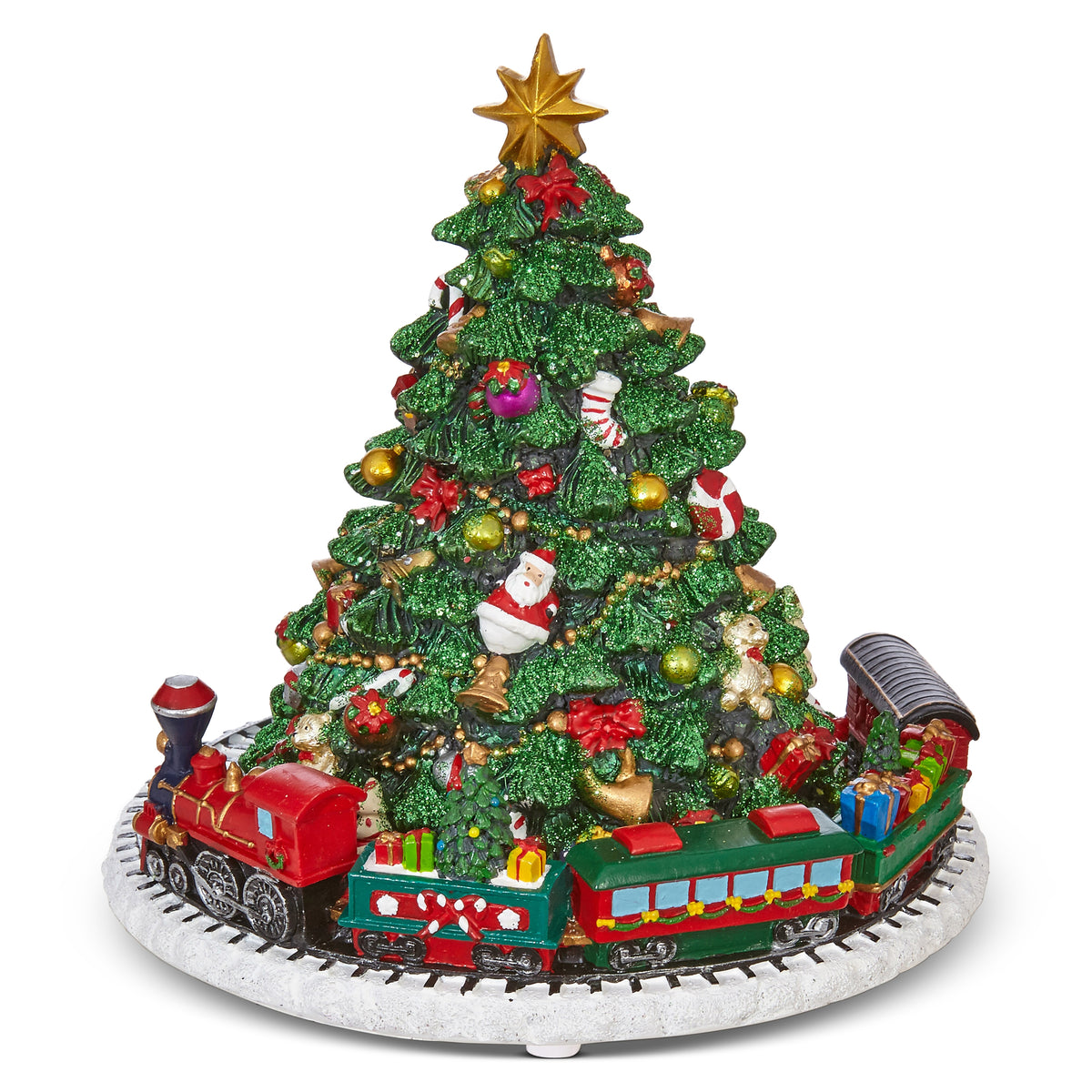 Animated Musical Tree with Train shown on a white background